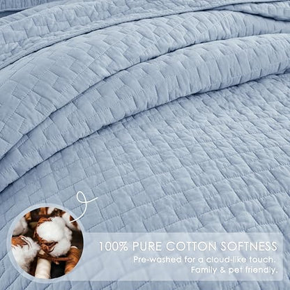 palassio Baby Blue 100% Cotton Quilt California Cal King Size Bedding Sets with 2 Pillow Shams, Textured Oversized Lightweight Bedspread Shabby Chic Coverlet, Soft Bed Cover for All Season, 3 Pieces