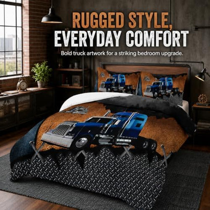 AILONEN Trucks Pattern Comforter Set Twin Size, Blue Truck and Forest Patterns Bedding Set for Kids Boys Girls Teens Bedroom,3 Pieces,1 Quilt and 2 Pillowcases,Soft,Breathable