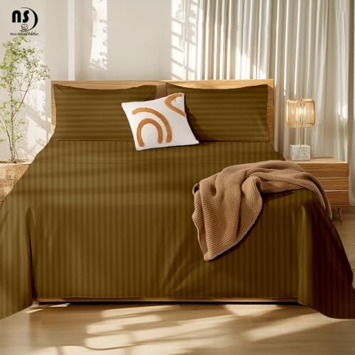 NON Sticky cotton Twin XL 4 Piece Sheet Set, 100% Long Staple Cotton, Soft Cooling Hotel Luxury Bedding Sheets, Deep Pocket Fits 10" to 18" Mattress, 39" x 80", Taupe Stripe