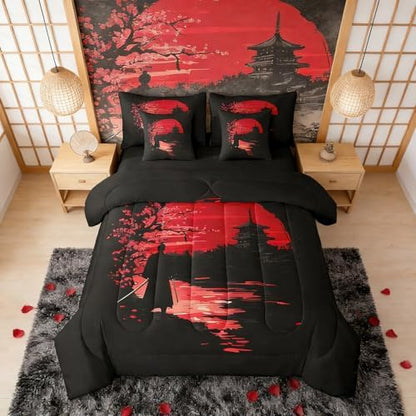Erosebridal Samurai Queen Comforter Set 7 Pieces, Sunset Bed in A Bag for Bedroom, Kids Boys Teens Men Japanese Bedding Set with Comforters, Sheets, Pillowcases Scenery Silhouette Bedroom Decor