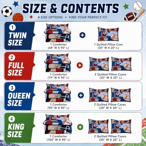 Castle Fairy Boys Ball Sports Themed Comforter Set King Size,Cartoon Baseball Basketball Football Bedding Set Kids Teens Room Decor,Patchwork Grid Stripes Quilted Duvet Blue Red Child Bedspread 3pcs