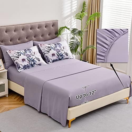 Luxudecor Floral Comforter Set Queen Size 7 Piece, Purple Flower Bed in a Bag, Elegant Floral Comforter with Sheet Set, Soft Microfiber Bedding Set for All Season (Purple, 90"x90")