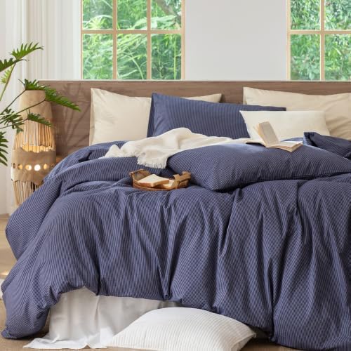 MooMee Striped Duvet Cover Set 100% Washed Cotton Linen Like King