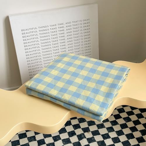 mixinni Yellow Blue Green Checkered Duvet Cover Set - Full Size, 3-Piece 100% Cotton Bedding Set, Soft & Breathable Geometric Plaid Comforter Cover with Zipper for All Seasons