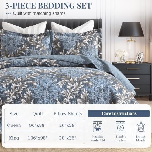 100% Cotton Reversible Quilt Set, Classic Damask, Blue & White, King Size