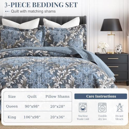 100% Cotton Reversible Quilt Set, Classic Damask, Blue & White, King Size