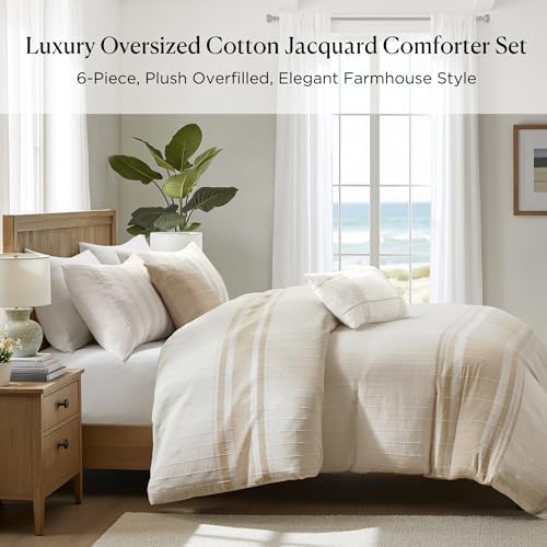Harbor House Queen Comforter Set, Stripes Clipped Jacquard, Soft Cotton Oversized Comforter for a Queen-Size Bed, Farmhouse Bedding, 2 Shams, Bedskirt, 2 Décor Pillows, Morgan, Queen Ivory/Taupe