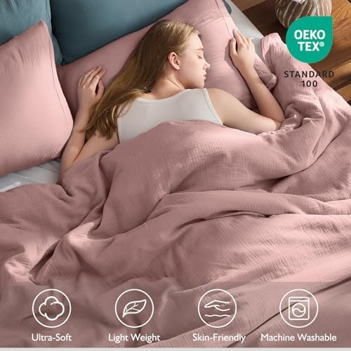 EMME Muslin Cotton Duvet Cover Set Linen Like Pink Twin