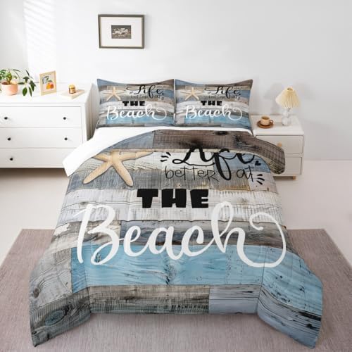 Castle Fairy Rustic Farmhouse Bedding Set Full Size Beach Life Comforter 3pcs Adults Room Decor Blue Grey Stripes Quilted Duvet Ocean Starfish Cabin Wood Insert,2 Pillowcases(CYJS9693ZMD-BZ_USf)