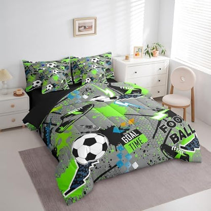 Erosebridal Boys Soccer 7 Piece Bedding Set Full Size,Lightning Football Bed in a Bag,Sports Lover Bed Set Includes Comforter, Sheet Set, Pillowcases & Pillow Covers All Season Bedroom Decor
