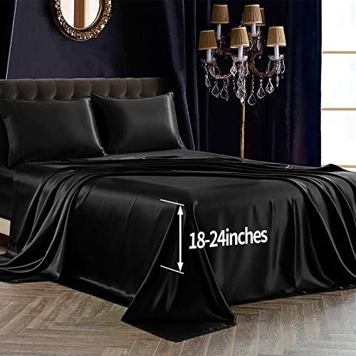 SiinvdaBZX 4Pcs Extra Deep Pocket Satin Sheet Set Queen Size, Black