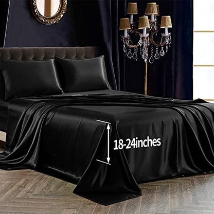 SiinvdaBZX 4Pcs Extra Deep Pocket Satin Sheet Set Queen Size, Black
