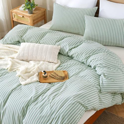 TOCOMOA Sage Green Striped Duvet Cover Set Washed Cotton Like Linen, Queen