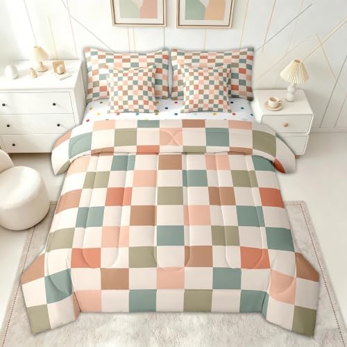 Feelyou Multicolored Checkered Retro 7 Piece Bedding Set Kids Boys Geometric Vintage Comforter Set with Sheets Queen Size Ivory White Colorful Bed in a Bag Modern Simple Groovy Aesthetic Room Decor