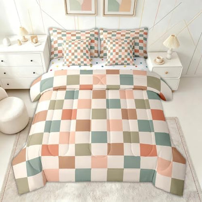 Feelyou Multicolored Checkered Retro 7 Piece Bedding Set Kids Boys Geometric Vintage Comforter Set with Sheets Queen Size Ivory White Colorful Bed in a Bag Modern Simple Groovy Aesthetic Room Decor