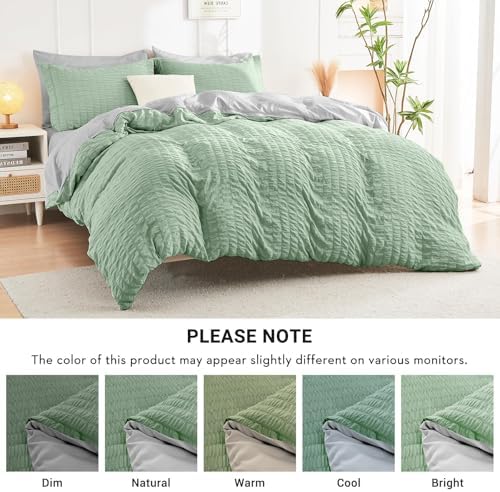 HYMOKEGE Sage Green/Light Grey California King Comforter Set Seersucker 7 Pieces, All Season Luxury Bed in a Bag for Bedroom, Bedding Set with Comforter, Sheets, Pillowcases & Shams