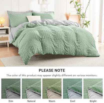 HYMOKEGE Sage Green/Light Grey California King Comforter Set Seersucker 7 Pieces, All Season Luxury Bed in a Bag for Bedroom, Bedding Set with Comforter, Sheets, Pillowcases & Shams