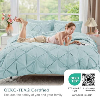 JOLLYVOGUE Queen Comforter Set 7 Pieces - Bed in a Bag Queen for All Season, Pintuck Bedding Comforter Sets with Comforter, Flat Sheet, Fitted Sheet and Pillowcases & Shams, Light Blue