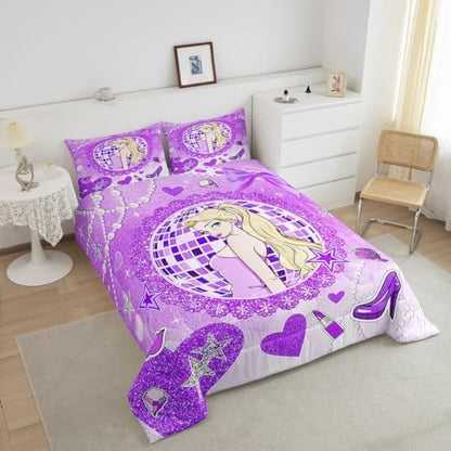 Girly Princess Kids Comforter Set Twin Size,High-heeled Shoes Lip Bowknot Romantic Bedding Set,Girls Women Room Decor,Glitter Sequin Diamond Down Comforter,Purple Dreamy Duvet Insert,1 Pillowcase