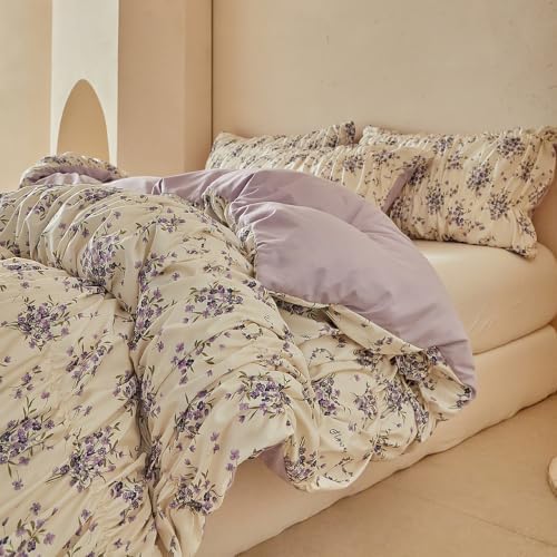 VM VOUGEMARKET Shirred Duvet Cover Set Twin,Vintage Purple Floral