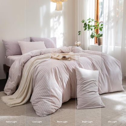 FOSSA Striped Duvet Cover Set 100% Washed Cotton Linen Feel Queen