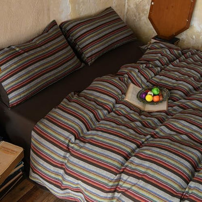 LifeTB Retro Striped Duvet Cover Set Queen, 100% Muslin Cotton Vintage Colorful Stripes Pattern Printed Comforter Cover, Soft Breathable Gauze Duvet Cover Farmhouse Bohemian Striped Bedding Set