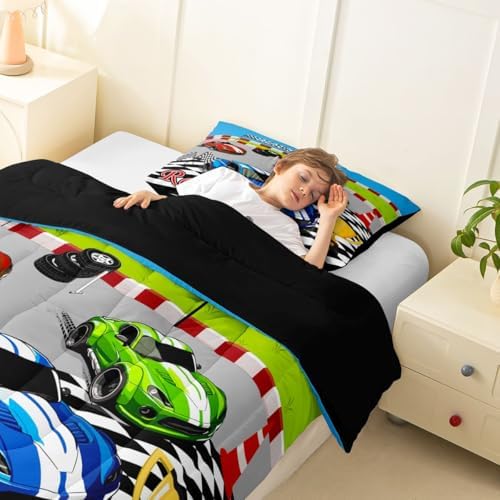 Feelyou Speed Sports Car Bedding Set Soft for Boys Girls, Steering Wheel Comforter Set King Size Racing Duvet Quilt Microfiber Extreme Sports Bedroom Decor Automobile 3 Pcs with 2 Pillow Cases