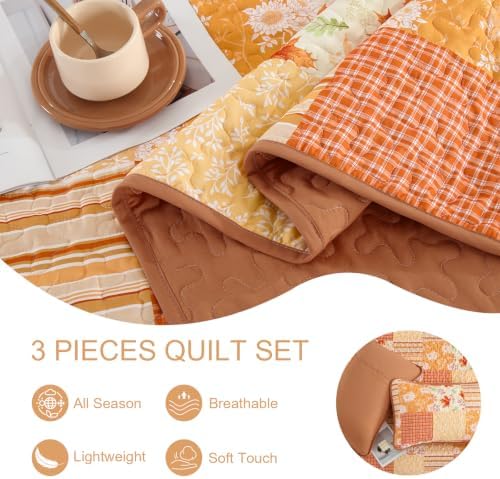 Mybedsoul King Size Quilt, Patchwork Floral Fall Bedding Set, Orange