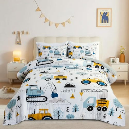 NTBED Construction Truck Full Comforter Set for Boys Kids Forest Vehicles Excavator Lightweight Microfiber Bedding Sets