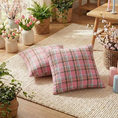 AVOIN colorlife Spring Summer Pink Brown Plaid Decorative Throw Pillow Covers, 18 x 18 Inch Holiday Scottish Tartan Cushion Case Farmhouse Decoration for Sofa Couch Set of 2