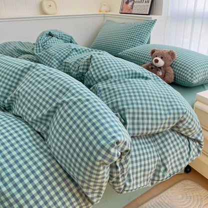 LifeTB Green Gingham Comforter Set King 3 Pieces Plaid Checkered Pattern Comforter Green Blue Grid Bed Comforter Set with 2 Pillowcases Fluffy Soft Checkered Comforter Grid Farmhouse Bedding Set