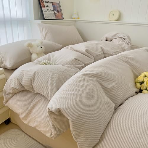 mixinni Tan Striped Duvet Cover Twin XL Size - 100% Washed Cotton Beige Pinstripe Comforter Cover with Zipper Closure, Lightweight & Breathable, 3 Pieces Minimalist Stripes Pattern Printed Bedding Set