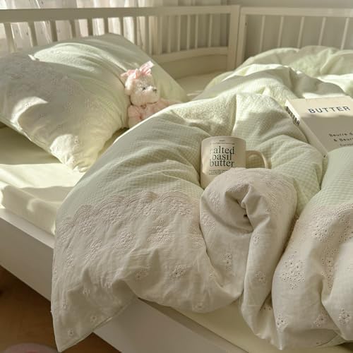 mixinni Green White Gingham Duvet Cover Twin XL Size - 3 Piece Cottagecore Plaid Bedding Set with Lace Trim, Soft Washed Microfiber Vintage Aesthetic Grid Comforter Cover & Pillow Shams