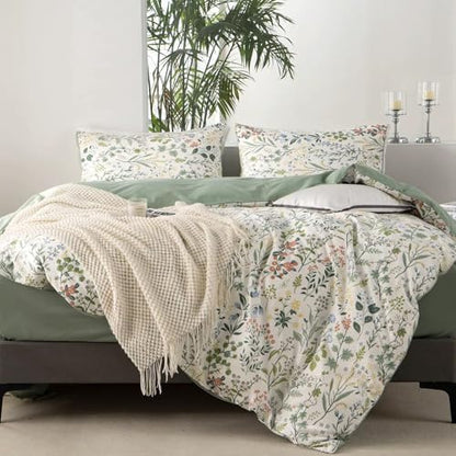 VM VOUGEMARKET Twin Duvet Cover Set 3 Pieces Sage Green Botanical Flower Duvet Cover with 2 Pillowcases Cottagecore Bedding Set 100% Cotton White Green Comforter Cover Without Filling