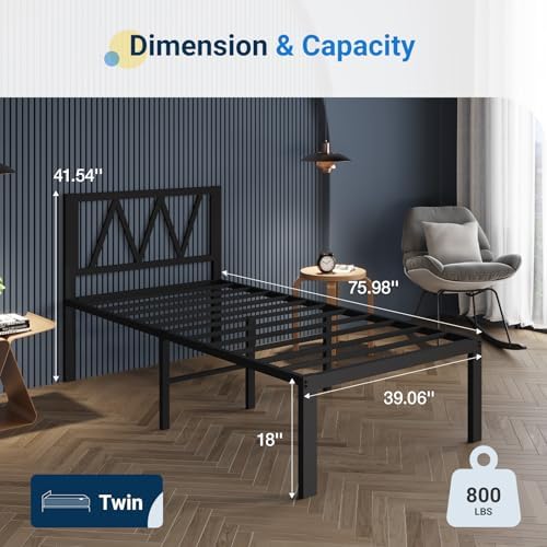 Avenco 18 Inch Twin Bed Frame with Headboard, Metal Platform Bed Frame, Twin Size Bed Frame No Box Spring Needed, Easy Assembly, Heavy Duty Slats Support, Black