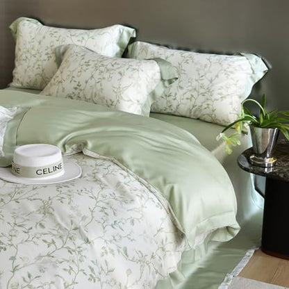 VM VOUGEMARKET Green Flower Duvet Cover Twin Cooling Lyocell Comfoter Cover Set for Hot Sleeper,Moisture Wicking Silky Bedding Set-Mint Green