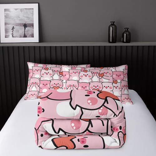Pink Pig Comforter Set Full，Kawaii Pink Cute Animals Bedding Set for Kids Boys Girls Teens Room Decor Kawaii Animals Comforter Set Farmhouse Wildlife Theme Bedroom Living Room Decor，All Season