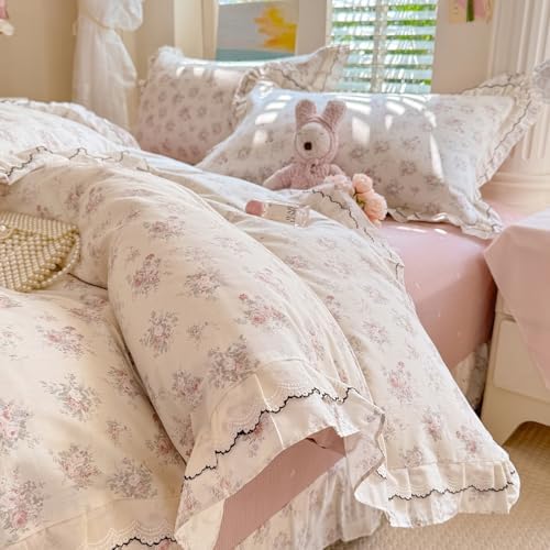 LifeTB Vintage Floral Duvet Cover Set Queen, Aesthetic Pink Flower Bedding Set with Romantic Ruffle, 100% Cotton Botanical Cottagecore Duvet Cover, Princess Lace Comforter Cover with 2 Pillowcases
