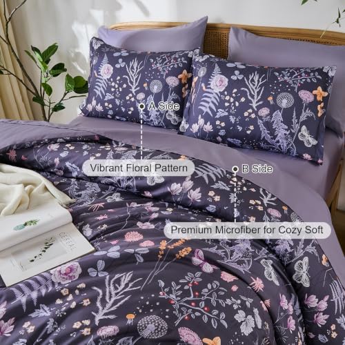 Yiran King Size Comforter Set 7 Piece, Dusty Purple Floral Bedding Set Fall