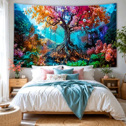 Delur Forest Tapestry Tree of Life Fantasy Tropical Rainforest Tapestry Wall Hanging Colorful Nature Mystical Landscape Psychedelic Spiritual Headboard for Bedroom Living Room Home Decor (70.8" x 92.5")