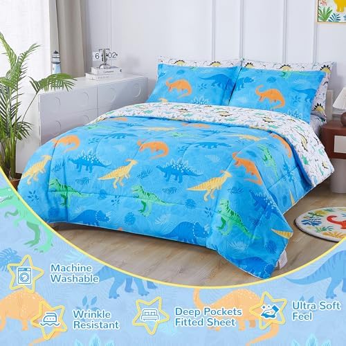 Viviland Kids Twin Bedding Sets, Boys Comforter, Blue Dinosaur