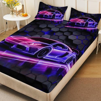 HOSIMA Boys Race Car Gaming Bedding Queen,1 Fitted Sheet+2 Pillowcases.