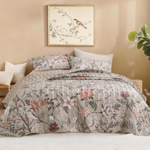 Litanika Floral Oatmeal Quilt Queen - 3Pcs Botanical Birds Bedding Set