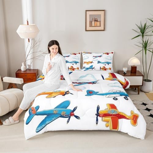 Erosebridal Colorful Aircraft Comforter Set Full, Cartoon Propeller Plane Airplane Bedding Set, Aviation Theme Comforter for Boys Kids Girls Teens Adults Child Bedroom, White Cloud Quilt