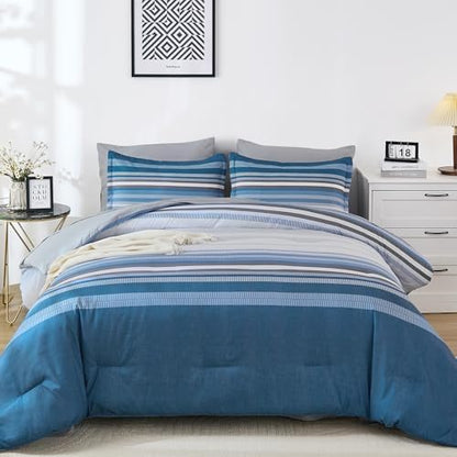 Dobuyly Grayish Blue Comforter Full Size Set 7 Pieces, Boho Striped Bed in a Bag Full Soft Microfiber All Season Grey Bedding Set with Comforter, Sheets, Pillowcases & Shams