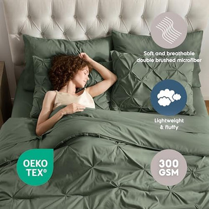 Nestl 9 Piece Queen Comforter Set – Olive Green Pinch Pleated Bed in a Bag – Complete Queen Size Bedding Set with Sheets, Set of 2 Cooling Pillows, Pillowcases and Shams