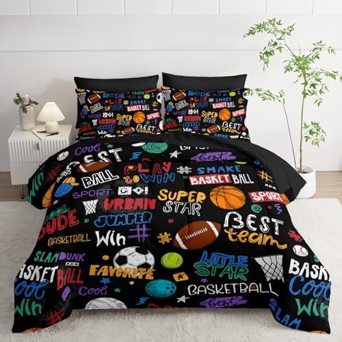 Nttopship Sports Ball Twin Comforter Set,Football Rugby Basketball Bedding Set for Kids Boys Girls Youth Ball Sports Themed Bedroom Decor Bedding Set 7 Pcs Bed in A Bag