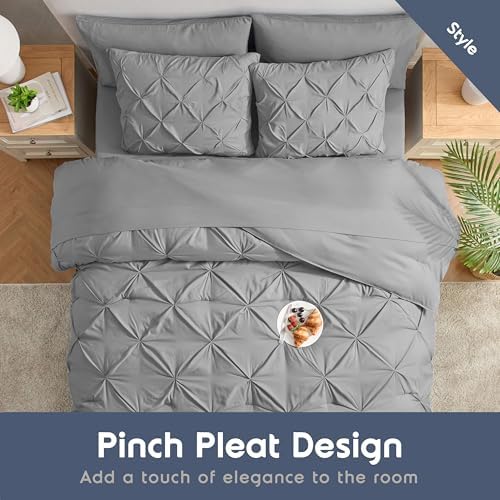 Nestl 9 Piece Full Comforter Set – Grey Pinch Pleated Bed in a Bag – Complete Full Size Bedding Set with Sheets, Set of 2 Cooling Pillows, Pillowcases and Shams