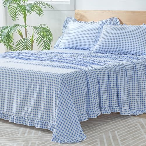 Gingham King Sheet Set, Lightweight Super Soft Brushed Microfiber Plaid Bed Sheets with 16" Deep Pocket, 4 Piece Ruffle Farmhouse Bedroom Decor, Blue