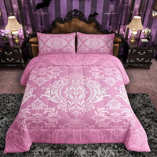 Feelyou Pink Gothic Damask Floral Comforter Set Full Size Bedding Set